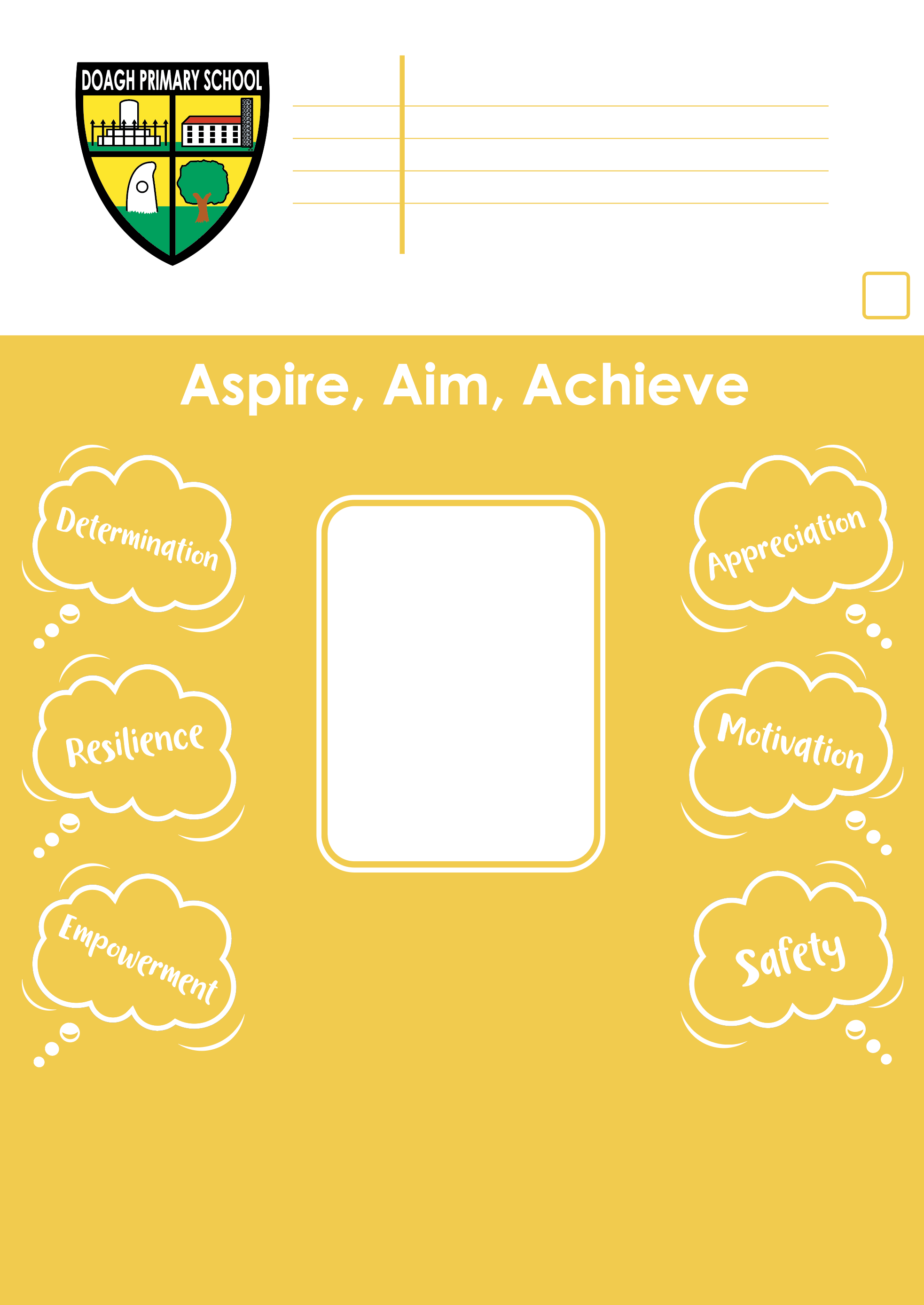 Doagh Primary School — A whole-school exercise book built around "Aspire, Aim, Achieve" and the school's seven marking codes